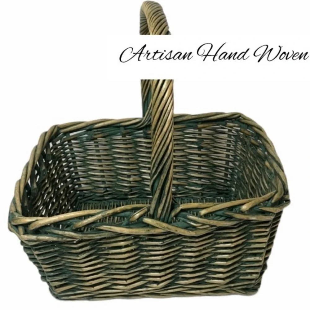 Handwoven Artisan Basket Very Large Sturdy Storage Picnic Basket Rectangle Green